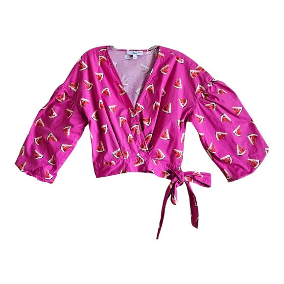 COLOR ME COURTNEY Women S Wrap Blouse Top Pink Cropped Watermelon Print 36" Bust - Picture 1 of 6